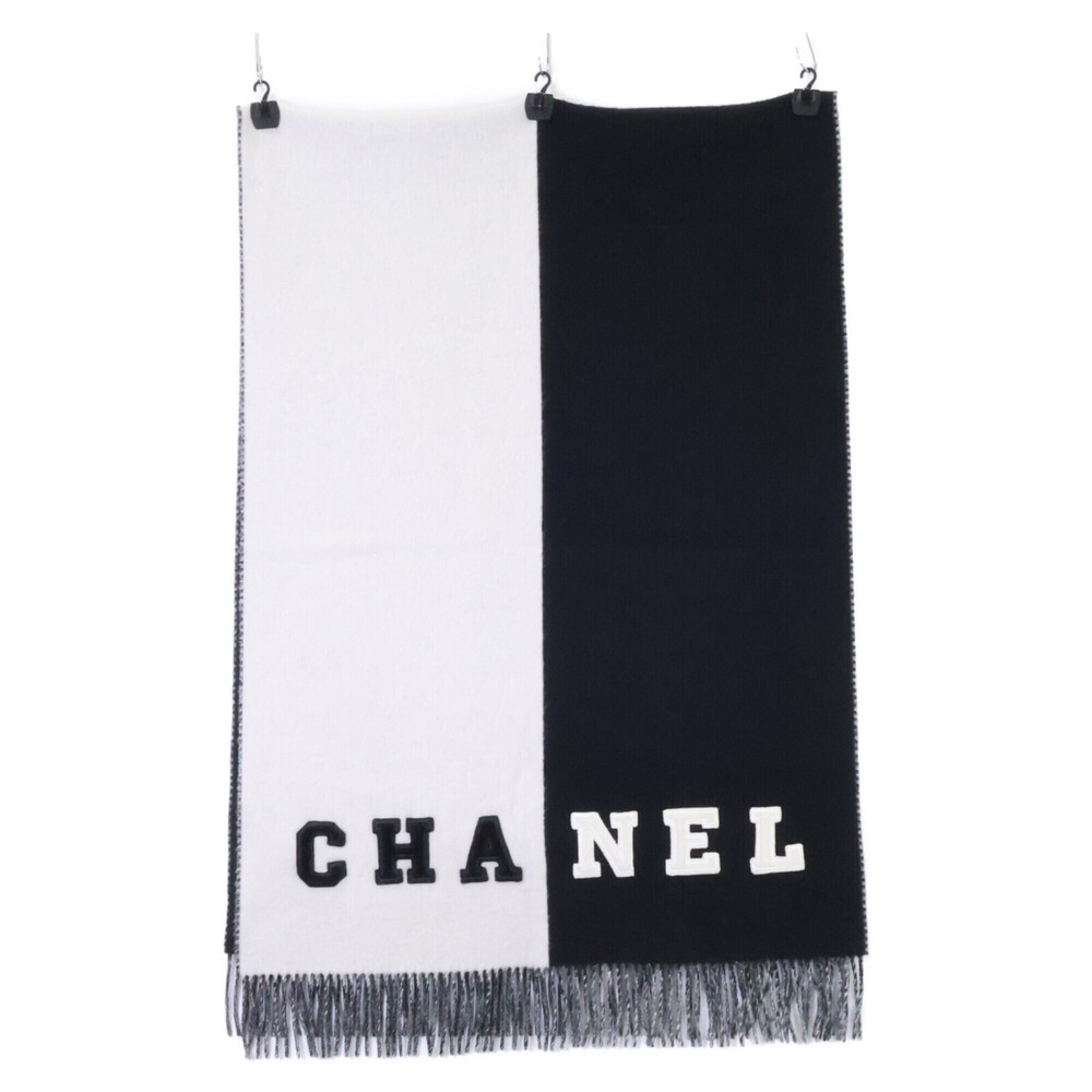 CHANEL Coco Mark Logo Bicolor Cashmere Fringe Scarf/Stole - Black x White Wom...
